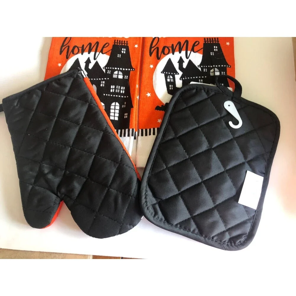 Halloween Kitchen Potholder Dish Towels Oven Mitt Haunted House Orange Set of 4